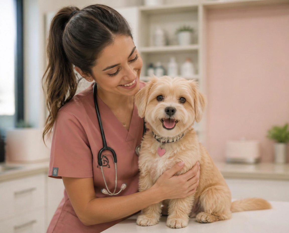 Veterinária examinando um cão na clínica VetPet